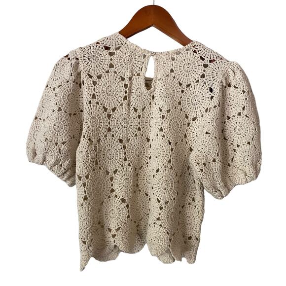 Amuse Society Cream Beige Crochet Knit Top Small Puff Sleeve Cotton Cottage Boho - Picture 3 of 9